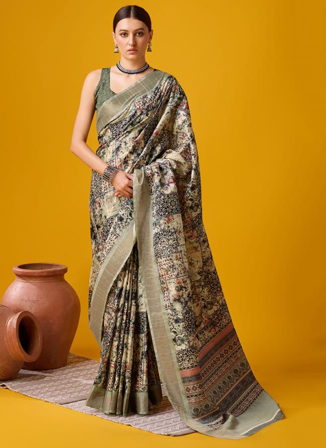 Cotton Olive Grey Festival Wear Floral Print Saree